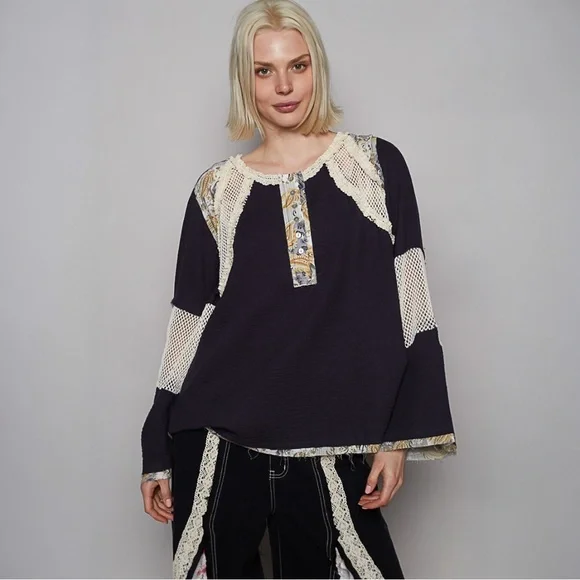 POL Round Neck Long Sleeve Double Gauze Top - Picture 3 of 7